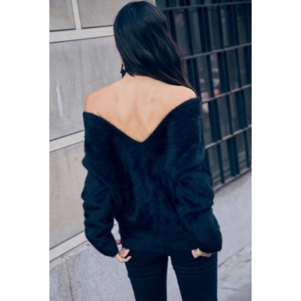 Off the Shoulder Black Fuzzy Sweater